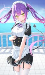 Rule 34 | 1girl, apron, blush, breasts, colored inner hair, corset, demon tail, green eyes, highres, hololive, long hair, looking at viewer, maid, maid apron, maid headdress, medium breasts, multicolored hair, norio (noriosub), piercing, pink hair, puffy short sleeves, puffy sleeves, purple hair, short sleeves, solo, streaked hair, tail, thighhighs, tokoyami towa, virtual youtuber, white thighhighs