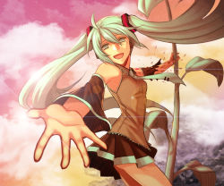 Rule 34 | 1girl, :d, bad id, bad pixiv id, blood, detached sleeves, foreshortening, green eyes, green hair, hatsune miku, hello planet (vocaloid), ktsis, long hair, looking at viewer, matching hair/eyes, necktie, open hand, open mouth, outstretched arm, outstretched hand, skirt, smile, solo, tears, torn clothes, twintails, very long hair, vocaloid