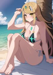 Rule 34 | 1girl, absurdres, ai-assisted, arm support, beach, bikini, blanket, blonde hair, blush, breasts, chest jewel, cleavage, cloud, cloudy sky, core crystal (xenoblade), crossed legs, drop earrings, earrings, feet, full body, gem, guilegaze, hand in own hair, headpiece, highres, jewelry, large breasts, long hair, looking at viewer, mythra (xenoblade), on ground, outdoors, sand, side-tie bikini bottom, sideboob, sidelocks, sitting, sky, solo, swept bangs, swimsuit, tiara, water, xenoblade chronicles (series), xenoblade chronicles 2, yellow eyes