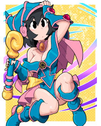 Rule 34 | 1girl, arm up, bare shoulders, black eyes, black hair, black nails, blue hat, boots, breasts, capelet, choker, cleavage, closed mouth, collarbone, commentary, cosplay, dark magician girl (cosplay), english commentary, frilled skirt, frills, full body, gauntlets, hair between eyes, hat, hexagram, highres, holding, holding wand, holding weapon, knee boots, looking up, lucia (scott malin), mage staff, magical girl, magician, medium breasts, nail polish, original, pink choker, pink skirt, scott malin, skirt, solo, spread legs, squatting, star of david, thighs, wand, weapon, yu-gi-oh!