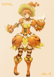 Rule 34 | 1girl, bad id, bad pixiv id, bubble skirt, capcom, food, food-themed clothes, hat, jack-o&#039;-lantern, monster hunter, monster hunter (series), monster hunter portable 3rd, mosgharl (armor), orange skirt, pumpkin, skirt, smile, solo, soup, striped clothes, striped thighhighs, thighhighs, tsujisaki (coa3), tujisaki, witch hat, yellow eyes