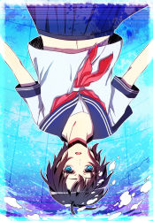 Rule 34 | 1girl, :d, air bubble, arms at sides, bad id, bad pixiv id, blue eyes, blue skirt, brown hair, bubble, looking at viewer, navel, neckerchief, open mouth, original, outline, red neckerchief, school uniform, serafuku, shina natsume, short hair, short sleeves, skirt, sleeve cuffs, smile, solo, underwater, upside-down, white outline