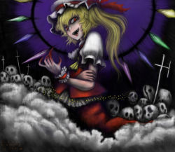 Rule 34 | 1girl, aouji, blonde hair, blood, blouse, fangs, female focus, flandre scarlet, from side, hair between eyes, hat, mob cap, one side up, purple background, red eyes, shirt, side ponytail, skull, solo, touhou, vampire, white hat, white shirt, wings