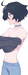 Rule 34 | 1boy, absurdres, ahoge, androgynous, black hair, blue eyes, choker, highres, male focus, original, pants, short hair, solo, st (youx1119), topless male, undressing, virtual youtuber