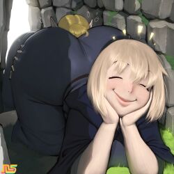 Rule 34 | 2girls, all fours, ass, blonde hair, blue robe, closed eyes, dungeon meshi, elf, falin touden, falin touden (tallman), hair around ear, hands on own cheeks, hands on own face, hands up, head rest, huge ass, lips, marcille donato, multiple girls, namespace, outdoors, pointy ears, robe, sitting, sitting on face, sitting on person, smile, yuri