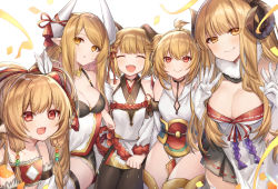 Rule 34 | 5girls, :d, andira (granblue fantasy), anila (granblue fantasy), animal ear fluff, animal ears, bad id, bad pixiv id, bare shoulders, black legwear, black skirt, blonde hair, blush, breasts, brown eyes, brown hair, circlet, cleavage, closed mouth, commentary request, coyucom, crop top, curled horns, detached sleeves, dog ears, draph, dress, fangs, feather hair ornament, feathers, granblue fantasy, hair between eyes, hair ornament, hair ribbon, harvin, horn ornament, horn ribbon, horns, kumbhira (granblue fantasy), large breasts, long hair, long sleeves, mahira (granblue fantasy), medium breasts, multiple girls, open mouth, pantyhose, parted lips, pleated skirt, pointy ears, red eyes, red ribbon, ribbon, ribbon-trimmed skirt, ribbon trim, sheep horns, short eyebrows, sitting, skirt, sleeveless, sleeveless dress, smile, thick eyebrows, two side up, vajra (granblue fantasy), very long hair, white background, white dress, white feathers, white sleeves