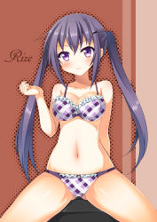 Rule 34 | 1girl, blush, bow, bow bra, bow panties, bra, breasts, brown background, character name, cleavage, collarbone, frilled bra, frilled panties, frills, frown, gochuumon wa usagi desu ka?, hair ornament, hairclip, large breasts, long hair, navel, outline, panties, plaid, plaid bra, plaid panties, purple bra, purple eyes, purple hair, purple panties, ribbon-trimmed bra, ribbon-trimmed panties, ribbon trim, sitting, solo, spread legs, syuurin, tedeza rize, twintails, underwear, underwear only, very long hair
