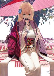 Rule 34 | 1girl, absurdres, ahoge, backlighting, bad id, bad pixiv id, blonde hair, blue eyes, blue flower, bracelet, breasts, commentary request, facial mark, feet out of frame, flower, hair flower, hair ornament, hand up, highres, holding, holding umbrella, huge filesize, jacket, jacket on shoulders, japanese clothes, jewelry, kimono, long hair, long sleeves, looking at viewer, maoushiori3, medium breasts, nail polish, obi, oil-paper umbrella, open clothes, open jacket, original, purple jacket, purple nails, red flower, sanpaku, sash, sidelocks, signature, sitting, solo, star (symbol), tree, umbrella, very long hair, watch, white background, white kimono, wide sleeves, wing collar, wristwatch