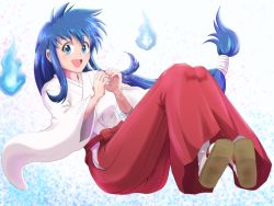 Rule 34 | 1girl, blue eyes, blue fire, blue hair, blush, breasts, commentary request, fire, ghost, ghost sweeper mikami, hakama, hakama skirt, himuro kinu, hitodama, japanese clothes, long hair, looking at viewer, low-tied long hair, mamiya myanmar, miko, open mouth, red hakama, skirt, solo, toei animation