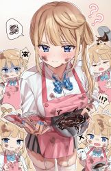 Rule 34 | !?, 1girl, ?, ??, apron, blonde hair, blue eyes, blush, breasts, chigusa minori, chocolate making, clumsy, garter straps, large breasts, long sleeves, looking at viewer, messy, multiple views, nail polish, original, pleated skirt, school uniform, skirt, skull and crossbones, squiggle, thighhighs, valentine