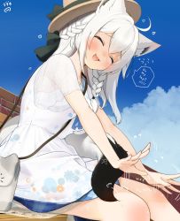 Rule 34 | 1girl, ^ ^, ahoge, alternate costume, animal ears, artist name, bag, bare legs, black ribbon, blue sky, blush, braid, breasts, brick wall, brown hat, casual, closed eyes, cloud, cloudy sky, commentary, day, dress, english text, floral print, fox ears, fox tail, french braid, hair between eyes, hair ribbon, handbag, hat, hat ribbon, heart, highres, hololive, long hair, looking at viewer, medium breasts, nejime, open mouth, outdoors, patting lap, plaid, ribbon, romaji commentary, see-through, see-through sleeves, shirakami fubuki, side braid, sitting, sky, smile, solo, speech bubble, spoken blush, sweatdrop, tail, thighs, virtual youtuber, white dress, white hair