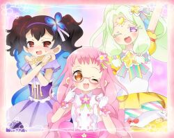 Rule 34 | 3girls, ;d, arm up, blue wings, brown hair, butterfly hair ornament, commentary request, cosplay, crossed arms, dress, finger to cheek, flower, forehead jewel, gloves, green hair, hair ornament, hairband, idol clothes, idol time pripara, index finger raised, jewlie (pripara), jigoku mimiko, junon (pripara), junon (pripara) (cosplay), kanon (pripara), kanon (pripara) (cosplay), kiki ajimi, long hair, looking at viewer, multiple girls, nohoshio, one eye closed, open mouth, pink flower, pink hair, pinon (pripara), pinon (pripara) (cosplay), pretty series, pripara, puffy short sleeves, puffy sleeves, purple dress, purple eyes, purple hairband, red eyes, shirt, short sleeves, smile, standing, star (symbol), sweatdrop, twintails, very long hair, white gloves, white shirt, wings