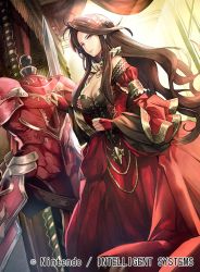Rule 34 | 1girl, breasts, cleavage, company name, detached collar, fire emblem, fire emblem: new mystery of the emblem, fire emblem cipher, indoors, long hair, nagahama megumi, nintendo, official art, red eyes, sheena (fire emblem), solo