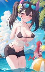 Rule 34 | 2girls, absurdres, ai-assisted, areola slip, ball, beachball, bikini, bikini under clothes, black bikini, black hair, black shorts, blush, breasts, cleavage, cloud, cowboy shot, day, glasses, grin, hair between eyes, highres, horns, large breasts, long hair, microskirt, midriff, mountain, multiple girls, navel, original, outdoors, palm tree, pink eyes, pointy ears, red hair, red shorts, short shorts, shorts, skirt, smile, strap gap, swimsuit, tail, tree, trimbil, twintails, very long hair, yellow eyes