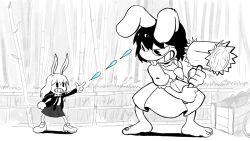Rule 34 | 2girls, animal ears, bamboo, bamboo forest, barefoot, blazer, buck teeth, cuphead (game), finger gun, forest, grin, holding, inaba tewi, jacket, long hair, mallet, monochrome, multiple girls, nature, necktie, owlbox, parody, rabbit ears, reisen udongein inaba, shoes, short hair, skirt, smile, style parody, teeth, touhou