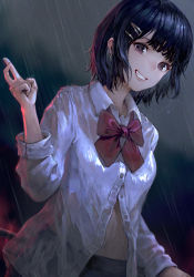 Rule 34 | 1girl, bad id, bad pixiv id, black hair, blunt bangs, bow, cloud, cloudy sky, earrings, hair ornament, hairclip, hisahisahisahisa, jewelry, md5 mismatch, navel, night, night sky, original, outdoors, parted lips, purple eyes, railing, rain, red bow, resolution mismatch, see-through, short hair, skirt, sky, smile, solo, unbuttoned, unbuttoned shirt, v, wet
