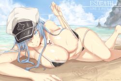 Rule 34 | 10s, 1girl, akame ga kill!, artist name, barefoot, beach, bikini, bikini pull, black bikini, blue eyes, blue hair, breasts, character name, cleavage, clothes pull, day, esdeath, hat, hews, huge breasts, large breasts, long hair, looking at viewer, matching hair/eyes, ocean, peaked cap, pulling own clothes, smile, solo, swimsuit, untied, very long hair
