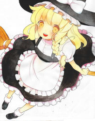 Rule 34 | 1girl, apron, bad id, bad pixiv id, blonde hair, blush, bow, braid, broom, cha (cha0-0), female focus, frills, full body, hair bow, hat, hat bow, kirisame marisa, long hair, looking at viewer, mary janes, open mouth, shoes, short sleeves, side braid, simple background, single braid, solo, touhou, witch hat, yellow eyes