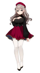 Rule 34 | 1girl, black shirt, blush, breasts, brown hair, cleavage cutout, closed mouth, clothing cutout, full body, green eyes, hair ornament, hairclip, hand on own chest, high-waist skirt, large breasts, long hair, long sleeves, looking at viewer, nabeniuitagomi, original, pantyhose, puffy long sleeves, puffy sleeves, red headwear, red skirt, shirt, simple background, skirt, solo, standing, wavy hair, white background, white pantyhose