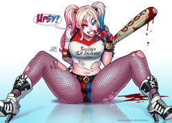 Rule 34 | 1girl, ;), arm behind back, baseball bat, batman (series), belt, blonde hair, blood, blood splatter, bloody weapon, blue eyes, blue hair, boots, bracelet, breasts, cameltoe, choker, colored tips, darkereve, dc comics, dccu, dripping, facepaint, facial tattoo, fingerless gloves, fishnet pantyhose, fishnets, full body, gloves, gradient hair, harley quinn, high heel boots, high heel sneakers, high heels, highres, holster, jewelry, large breasts, lipstick, long hair, makeup, matching hair/eyes, md5 mismatch, midriff, multicolored hair, nail polish, navel, one eye closed, pale skin, pantyhose, pantyhose under shorts, pink hair, red lips, reflective floor, resolution mismatch, shoes, short shorts, shorts, shoulder holster, simple background, sitting, smile, sneakers, solo, source smaller, speech bubble, spiked bracelet, spikes, spread legs, studded belt, suicide squad, tattoo, thick thighs, thighs, torn clothes, torn pantyhose, twintails, two-tone hair, weapon, white background, wink