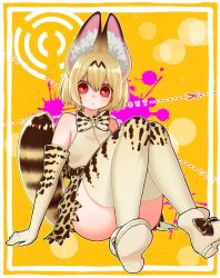 Rule 34 | 1girl, alternate eye color, alternate hair length, alternate hairstyle, animal ear fluff, animal ears, chromatic aberration, convenient leg, elbow gloves, gloves, highres, kemono friends, looking at viewer, notora, red eyes, serval (kemono friends), short hair, sitting, sleeveless, solo, tail, thighhighs