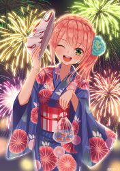 Rule 34 | 1girl, ;d, absurdres, bad id, bad pixiv id, bag, bagged fish, bang dream!, blue flower, blue kimono, braid, crown braid, fireworks, fish, floral print, flower, fox mask, green eyes, hair flower, hair ornament, highres, holding, holding bag, holding mask, huge filesize, japanese clothes, kimono, looking at viewer, mask, md5 mismatch, night, obi, one eye closed, open mouth, outdoors, pink hair, resolution mismatch, ruda (ruda e), sash, side ponytail, sidelocks, smile, solo, source smaller, summer festival, uehara himari, wide sleeves
