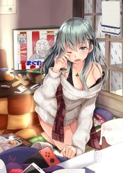 Rule 34 | 1girl, all fours, aqua eyes, aqua hair, black bra, blush, bowl, bra, breasts, chopsticks, cleavage, commentary request, earrings, food, fruit, game console, hair ornament, hairclip, handheld game console, highres, indoors, jewelry, kantai collection, konno junko, kotatsu, large breasts, long hair, looking at viewer, magazine (object), mandarin orange, narushima kanna, necklace, nintendo switch, open mouth, ribbed sweater, rubbing eyes, sanma no super karakuri tv, signature, solo, stud earrings, suzuya (kancolle), sweater, table, television, towel, underwear, waking up, white sweater, zombie land saga