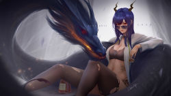 Rule 34 | 1girl, absurdres, alcohol, arknights, artist name, black thighhighs, blue hair, bottle, ch&#039;en (arknights), character name, choker, cup, dragon, dragon girl, dragon horns, highres, holding, holding cup, horns, jacket, long hair, looking at viewer, navel, open clothes, open jacket, qinzeduomexiong, red eyes, sidelocks, signature, sunglasses, thighhighs, torn clothes, torn legwear, white jacket