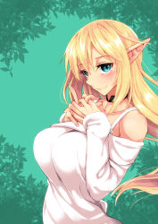 Rule 34 | 1girl, bare shoulders, black choker, blonde hair, blue eyes, blush, breasts, choker, closed mouth, cover image, elf, fingernails, for-u, green background, hair between eyes, highres, index finger raised, large breasts, long hair, looking at viewer, original, pointy ears, smile, solo, sweater, sweater vest, upper body, white sweater