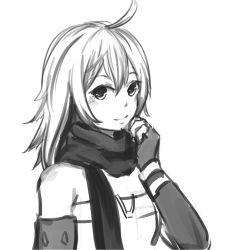 Rule 34 | 00s, 1boy, ahoge, androgynous, anonymous drawfag, bare shoulders, blush stickers, drawfag, elbow gloves, emil castagnier, fingerless gloves, gloves, greyscale, highres, long hair, male focus, monochrome, non-web source, scarf, smile, tales of (series), tales of symphonia, tales of symphonia: dawn of the new world, white background