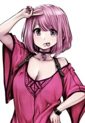Rule 34 | 1girl, breasts, choker, collarbone, commentary request, eguchi tomoka, hand on own hip, kou iu no ga ii, large breasts, looking at viewer, medium hair, original, pink hair, red nails, shirt, short hair, solo, souryu, standing, swept bangs, tongue, tongue out, v, white background