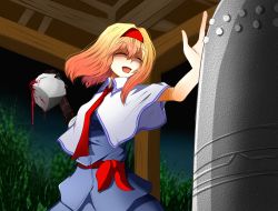 Rule 34 | 1girl, :d, alice margatroid, bell, blonde hair, blood drip, blue shirt, blue skirt, bois de justice, capelet, closed eyes, commentary request, cookie (touhou), cowboy shot, dies irae, hairband, highres, hinase (cookie), holding, holding rock, medium hair, necktie, night, open mouth, red hairband, red necktie, red sash, rock, sakuna brownie, sash, shinza bansho series, shirt, skirt, smile, solo, touhou, white capelet