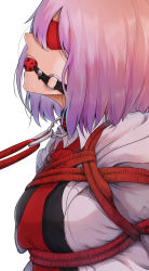 Rule 34 | 1girl, ball gag, bdsm, blindfold, bondage, bound, collar, covered eyes, drooling, fate/grand order, fate (series), from side, gag, gradient hair, highres, hood, hooded jacket, jacket, leash, looking at viewer, mash kyrielight, multicolored hair, necktie, open clothes, open jacket, pink hair, purple hair, red necktie, restrained, rope, saliva, shibari, shibari over clothes, short hair, shunga (shun608), simple background, solo, upper body, white background, wiffle gag