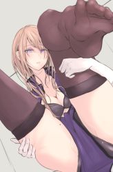 Rule 34 | 1girl, akiyama cz4a, ass, black bra, black panties, blonde hair, blush, bra, breasts, collarbone, elbow gloves, feet, foot focus, from above, gloves, highres, large breasts, leg hold, legs up, long hair, long neck, lying, makeup, mascara, mature female, mole, mole on thigh, mole under eye, no shoes, on back, on floor, panties, parted lips, pink lips, pov, purple eyes, see-through, see-through legwear, shiny skin, sidelocks, soles, solo, thigh grab, thighhighs, thighs, tile floor, tiles, toes, touhou, underwear, white gloves, yakumo yukari