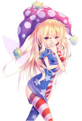 Rule 34 | 1girl, alternate legwear, american flag dress, american flag legwear, between breasts, blonde hair, breasts, clownpiece, covering own mouth, dress, eyebrows, fairy wings, grin, hat, jester cap, long hair, looking at viewer, medium breasts, pelvic curtain, polka dot, purple eyes, short dress, short sleeves, simple background, smile, solo, star (symbol), striped clothes, striped thighhighs, teeth, thighhighs, touhou, white background, wings, z.o.b