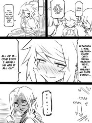 Rule 34 | ..., 5girls, blush, comic, elf, english text, faceless, faceless female, glasses, greyscale, hard-translated, heart, jin (mugenjin), monochrome, multiple girls, one eye closed, orc, original, pointy ears, sitting, smile, third-party edit, throne, translated