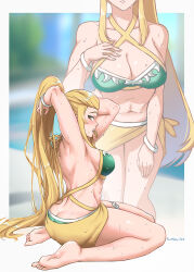 Rule 34 | 1girl, adjusting hair, alternate costume, artist name, ass, back, barefoot, bikini, blonde hair, blurry, blurry background, border, breasts, burnt green tea, butt crack, cleavage, collarbone, dimples of venus, feet, female focus, fire emblem, fire emblem engage, green bikini, highres, jade (fire emblem), large breasts, long hair, looking at viewer, looking back, matching hair/eyes, multiple views, navel, nintendo, parted lips, ponytail, sarong, signature, swimsuit, toes, very long hair, white border, yellow eyes