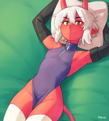 Rule 34 | 1girl, absurdres, arms up, artist name, black gloves, colored skin, commentary, demon girl, elbow gloves, english commentary, gloves, hair between eyes, highres, horns, li (rob ishi), looking at viewer, lying, no panties, on back, original, pillow, pointy ears, red eyes, red skin, rob ishi, skin-covered horns, sleeveless, slit pupils, smile, solo, tail, thighhighs, white hair, white thighhighs, zipper