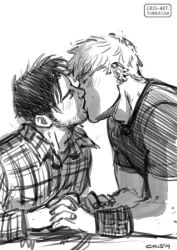 Rule 34 | 2boys, bad id, bad tumblr id, bara, beard stubble, blush, closed eyes, collared shirt, couple, cris art, ear piercing, facial hair, from side, greyscale, holding hands, hulkling, interlocked fingers, kiss, long sideburns, male focus, marvel, monochrome, multiple boys, mustache stubble, piercing, shirt, short hair, sideburns, sketch, stubble, t-shirt, thick eyebrows, toned, toned male, upper body, wiccan, yaoi