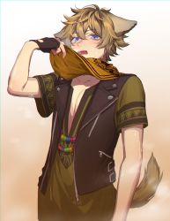 Rule 34 | 1boy, animal ears, arm at side, black gloves, black vest, blonde hair, blue eyes, brown hair, brown shirt, collarbone, commentary request, gloves, hair between eyes, hand up, highres, hyena boy, hyena ears, hyena tail, looking at viewer, male focus, nanin, open clothes, open vest, ruggie bucchi, scarf, shirt, short hair, short sleeves, smile, solo, sweat, twisted wonderland, upper body, vest