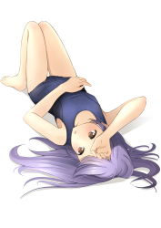 Rule 34 | 1girl, arm up, bare arms, bare legs, bare shoulders, barefoot, blue one-piece swimsuit, breasts, brown eyes, full body, highres, knees up, long hair, old school swimsuit, one-piece swimsuit, original, purple hair, school swimsuit, shadow, shibacha, small breasts, solo, swimsuit, white background