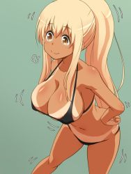 Rule 34 | 1girl, ass, awa, bikini tan, blonde hair, breasts, butt crack, cleavage, closed mouth, hair between eyes, hands on own hips, large breasts, long hair, navel, ponytail, simple background, smile, solo, sunohara nana, sunoharasou no kanrinin-san, swimsuit, tan, tanline, thighs, yellow eyes