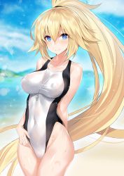 Rule 34 | 1girl, beach, blonde hair, blue eyes, blue sky, cloud, competition swimsuit, cowboy shot, day, ero waifu, fate/grand order, fate (series), high ponytail, jeanne d&#039;arc (fate), jeanne d&#039;arc (ruler) (fate), jeanne d&#039;arc (swimsuit archer) (fate), jeanne d&#039;arc (swimsuit archer) (second ascension) (fate), long hair, looking at viewer, one-piece swimsuit, outdoors, ponytail, sky, smile, solo, swimsuit, very long hair, whistle, whistle around neck, white one-piece swimsuit