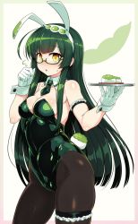 Rule 34 | 1girl, ahoge, animal ears, bare shoulders, bespectacled, black pantyhose, blush, breasts, cleavage, covered navel, detached collar, fake animal ears, food, glasses, green hair, green hairband, hairband, highres, large breasts, leotard, long hair, looking at viewer, mochi, null (nyanpyoun), open mouth, pantyhose, pea pod, playboy bunny, rabbit ears, rabbit tail, skindentation, solo, strapless, strapless leotard, tail, thigh strap, touhoku zunko, tray, very long hair, vocaloid, voiceroid, wrist cuffs, yellow eyes