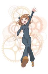 Rule 34 | 1girl, :o, beatrice (princess principal), bodysuit, breasts, brown eyes, brown footwear, brown hair, bun cover, covered navel, double bun, full body, gears, hair bun, highres, official art, princess principal, princess principal game of mission, shoes, short hair, small breasts, solo, transparent background