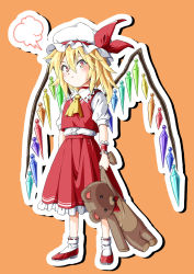 Rule 34 | 1girl, :t, ascot, blonde hair, blush, bobby socks, center frills, choker, closed mouth, crystal, cuff links, dress shirt, flandre scarlet, frilled cuffs, frilled shirt, frilled shirt collar, frilled skirt, frills, full body, hair between eyes, hat, hat ribbon, highres, holding, holding stuffed toy, inuno rakugaki, looking at viewer, medium hair, mob cap, one side up, outline, pout, puff of air, puffy short sleeves, puffy sleeves, red choker, red footwear, red ribbon, red skirt, red vest, ribbon, ribbon-trimmed collar, ribbon-trimmed legwear, ribbon trim, shirt, short hair, short sleeves, skirt, skirt set, socks, solo, speech bubble, standing, stuffed animal, stuffed toy, teddy bear, touhou, vest, white hat, white shirt, white socks, wings, wrist cuffs, yellow ascot