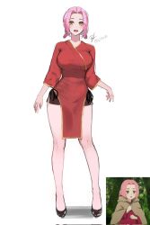 Rule 34 | 1girl, @paul niichan, aged up, bad link, bare legs, braid, breasts, chinese clothes, full body, highres, jigokuraku, looking at viewer, mei (jigokuraku), open mouth, pink hair, red robe, robe, short hair, shorts, simple background, solo, standing, twin braids, white background, yellow eyes
