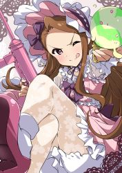 Rule 34 | 1girl, absurdres, bloomers, bonnet, bow, brown hair, commentary, crossed legs, doily, dress, finger on trigger, food, frilled dress, frilled skirt, frills, gun, hair bow, highres, ice cream, ice cream cone, idolmaster, idolmaster (classic), lolita fashion, long hair, m3 submachine gun, minase iori, one eye closed, pantyhose, pink dress, pink eyes, pink footwear, print pantyhose, skirt, solo, submachine gun, tokiani, tongue, tongue out, underwear, v-shaped eyebrows, very long hair, weapon, white legwear