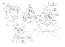 Rule 34 | 1990s (style), 1girl, absurdres, armor, bikini, bikini armor, breasts, character sheet, highres, large breasts, long hair, looking at viewer, monochrome, multiple views, naga the serpent, navel, official art, one eye closed, pauldrons, production art, retro artstyle, revealing clothes, shoulder armor, simple background, slayers, solo, swimsuit, translation request, wide hips, wink