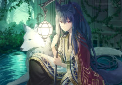 Rule 34 | 1boy, animal ear fluff, animal ears, black hair, black kimono, closed mouth, expressionless, feet out of frame, forest, hair between eyes, japanese clothes, kimono, lantern, long hair, looking at viewer, male focus, multicolored clothes, natsuya (kuttuki), nature, original, plant, ponytail, red eyes, sidelocks, solo, tail, tree, vines, water, wolf, wolf boy, wolf ears, wolf tail